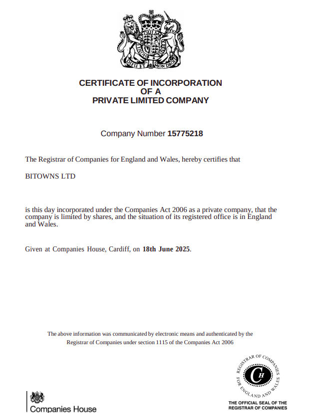 Certificate of Incorporation of BiTowns-Trade LTD